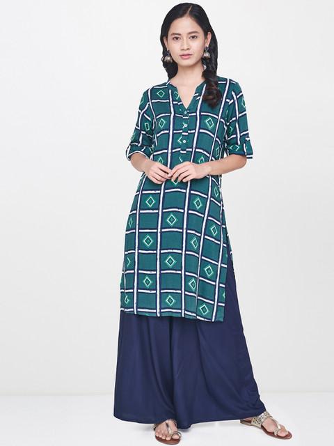 

Global Desi Women Green & Blue Checked Straight Kurta