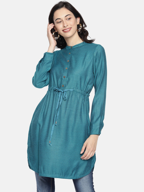 

Global Desi Teal Self Design Tunic