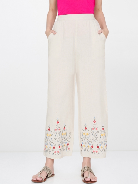 

Global Desi Women Off-White Regular Fit Embroidered Cropped Parallel Trousers