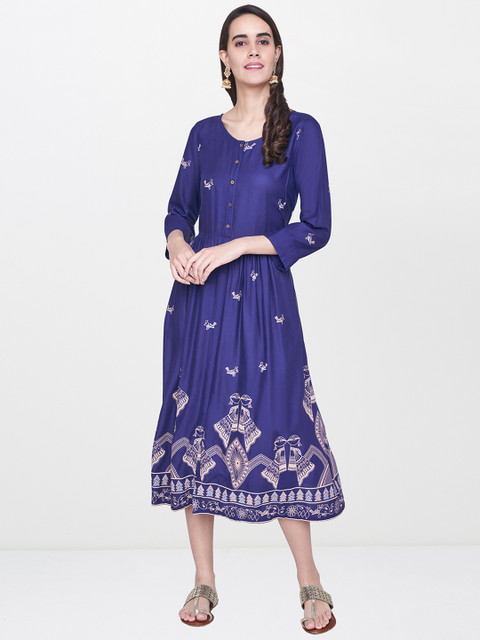 

Global Desi Women Blue Printed Fit and Flare Dress