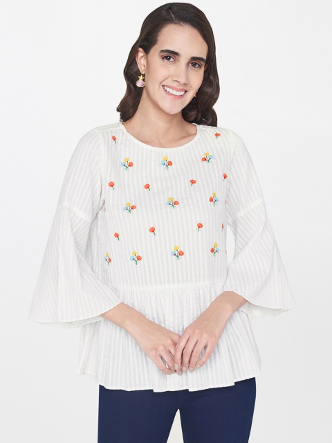 

Global Desi Women White Embroidered Empire Top