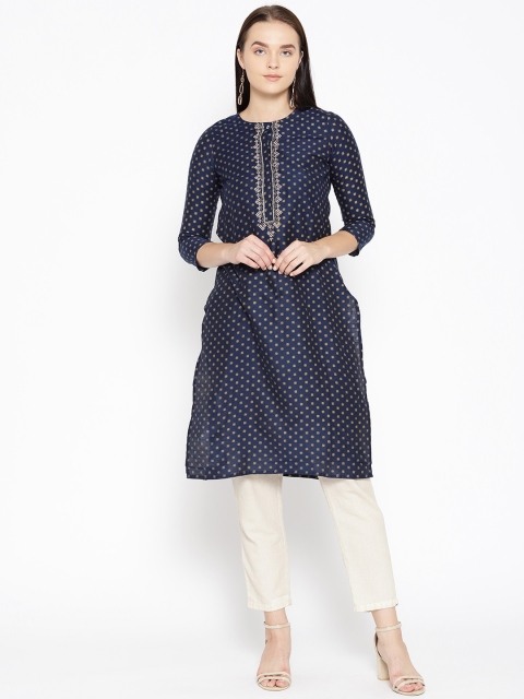 

Global Desi Women Navy Blue & Golden Printed Straight Kurta