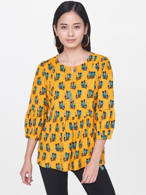 

Global Desi Women Mustard Yellow Printed A-Line Pure Cotton Top