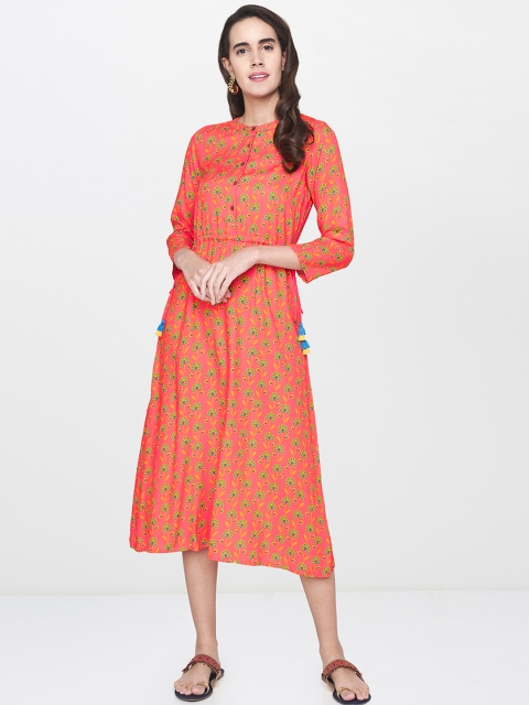 

Global Desi Women Coral Pink & Blue Printed A-Line Ethnic Dress