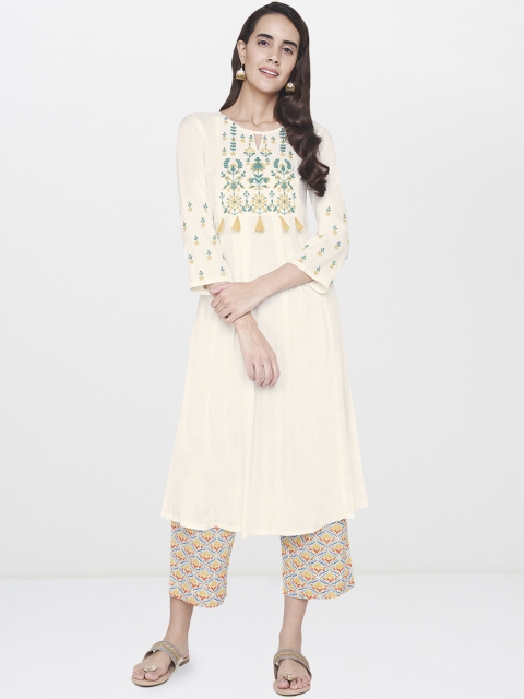 

Global Desi Women Off-White Solid Kurta with Trousers