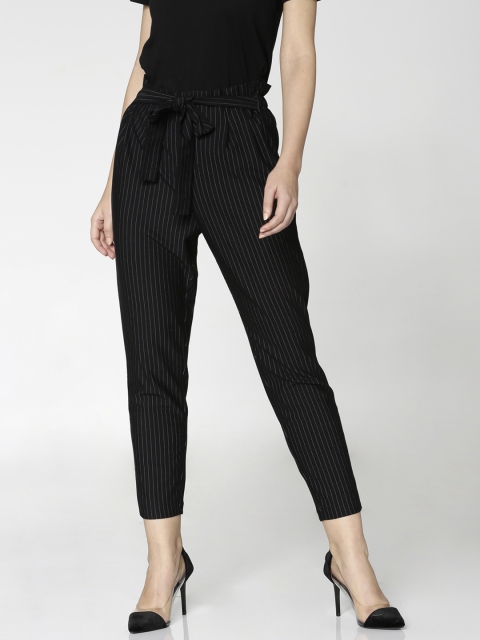 

ONLY Women Black & White Tapered Fit Striped Cropped Regular Trousers