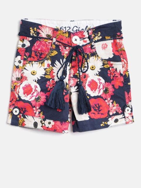 

612 league Girls Navy Blue & Pink Floral Print Regular Fit Shorts