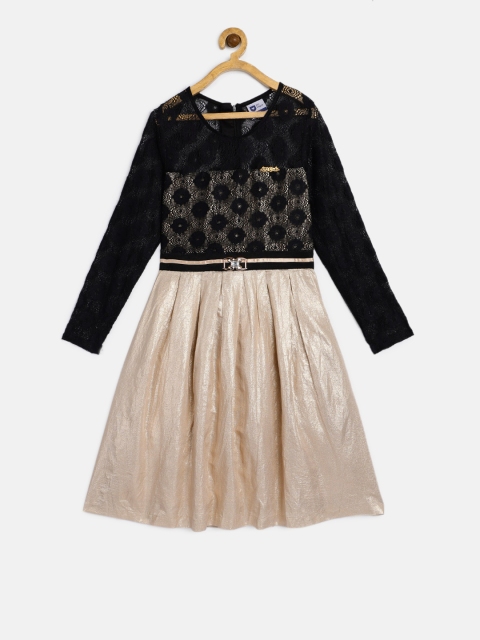 

612 league Girls Black & Gold-Toned Lace Fit and Flare Dress