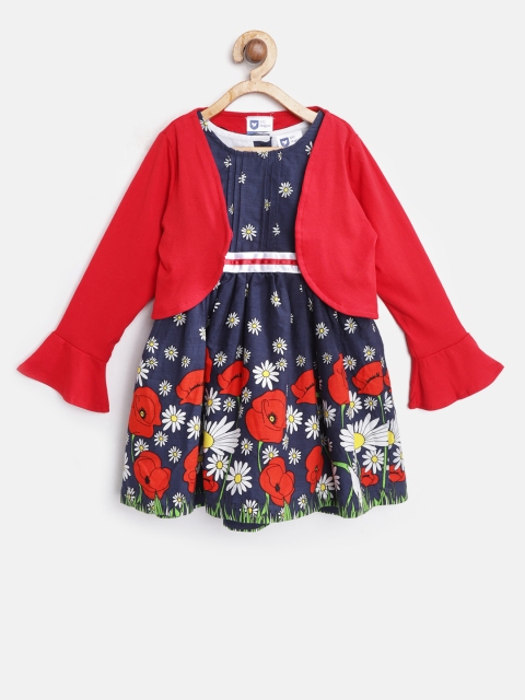 

612 league Girls Navy Blue Printed Fit and Flare Dress