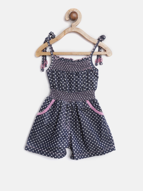 

612 league Girls Navy Blue Printed Playsuit