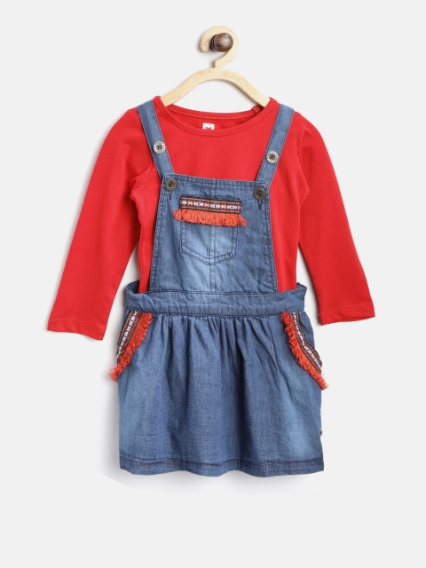 

612 league Girls Blue & Red Washed Chambray Pinafore Dress with T-Shirt