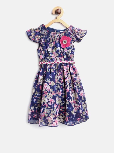

612 league Girls Navy & Pink Printed Fit & Flare Dress, Navy blue