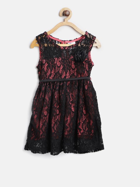 

612 league Girls Black & Pink Self-Design Fit & Flare Dress