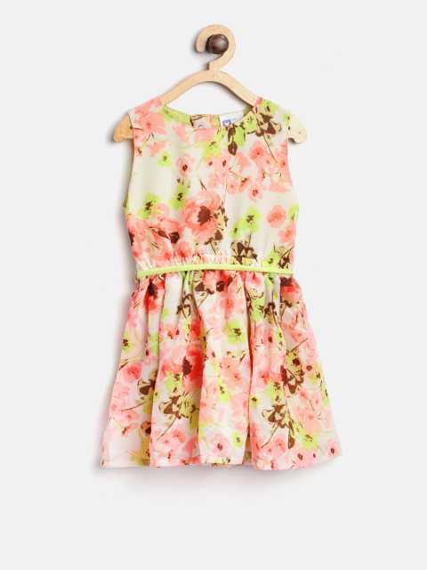 

612 league Girls Off-White & Coral Orange Floral Print Fit and Flare Dress