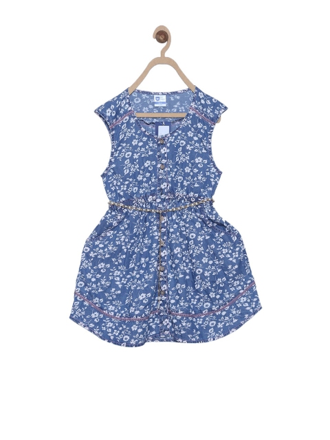 

612 league Girls Blue Printed Denim Fit and Flare Dress