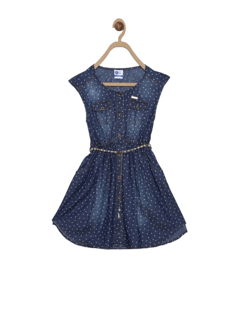 

612 league Girls Navy Blue Printed Denim Fit and Flare Dress