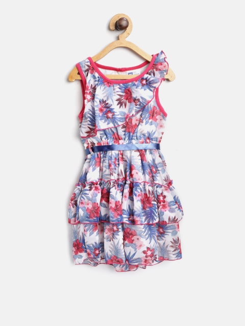 

612 league Girls White & Blue Printed A-Line Dress