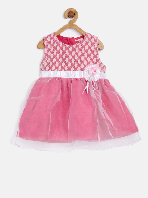 

612 league Girls Pink Self Design Fit and Flare Dress