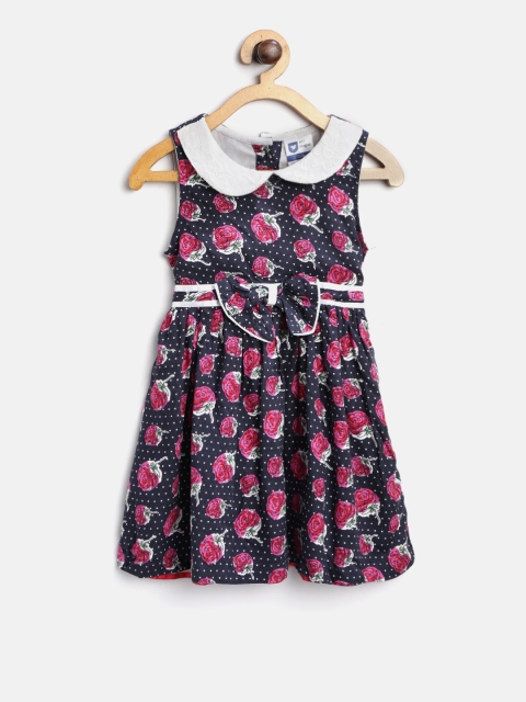 

612 league Girls Navy Blue & Pink Printed Fit and Flare Dress