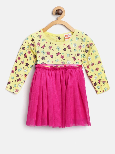 

612 league Girls Yellow & Pink Printed A-Line Dress