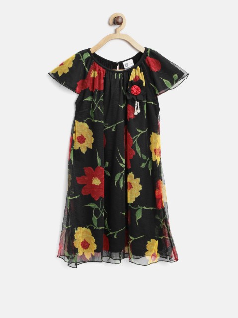 

612 league Girls Black Printed A-Line Dress