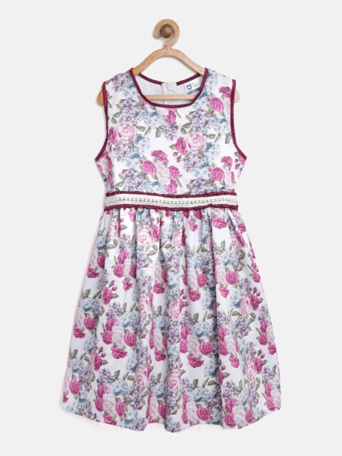 

612 league Girls White & Pink Floral Print Fit & Flare Dress