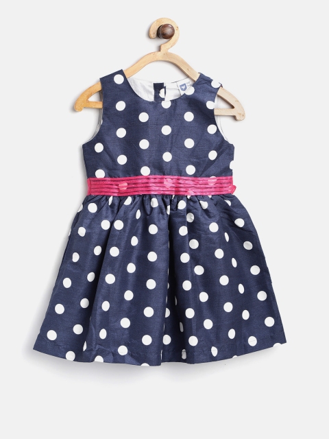

612 league Girls Navy Blue & White Printed Fit and Flare Dress