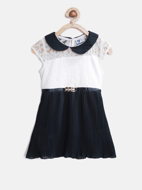 

612 league Girls Navy Blue Lace Accordian Pleat Colourblocked Fit & Flare Dress