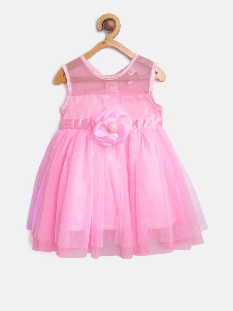 

612 league Girls Pink Net Solid Fit & Flare Dress