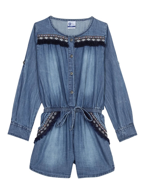 

612 league Girls Blue Solid Chambray Playsuit