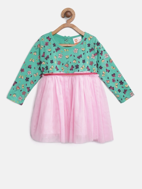 

612 league Girls Green & Pink Net Printed Fit & Flare Dress