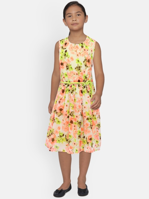 

612 league Girls Yellow Printed Fit and Flare Dress