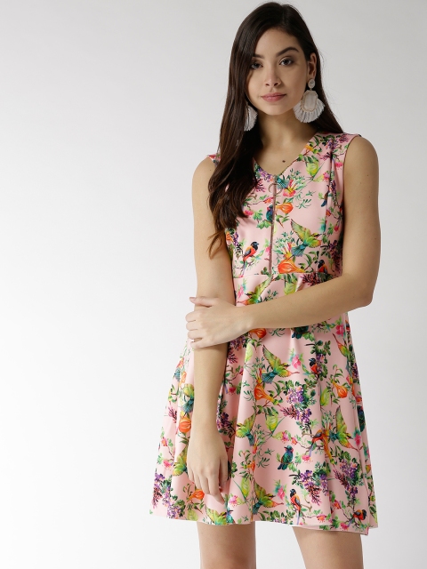 

Madame Women Pink & Green Printed Fit and Flare Dress