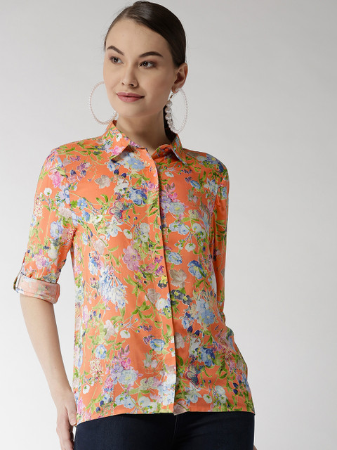 

Madame Women Orange & Blue Regular Fit Printed Casual Shirt
