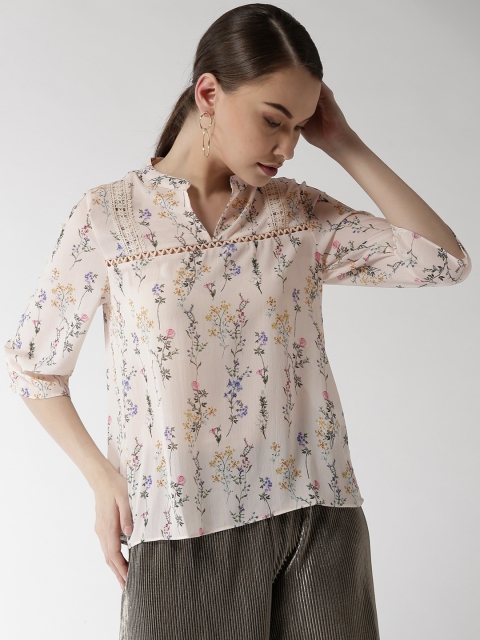 

Madame Women Cream-Coloured & Green Floral Print Styled Back Top