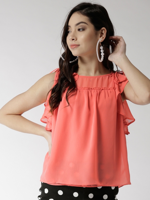 

Madame Women Coral Orange Solid A-Line Top