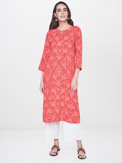 

Global Desi Women Coral Red Printed Straight Kurta