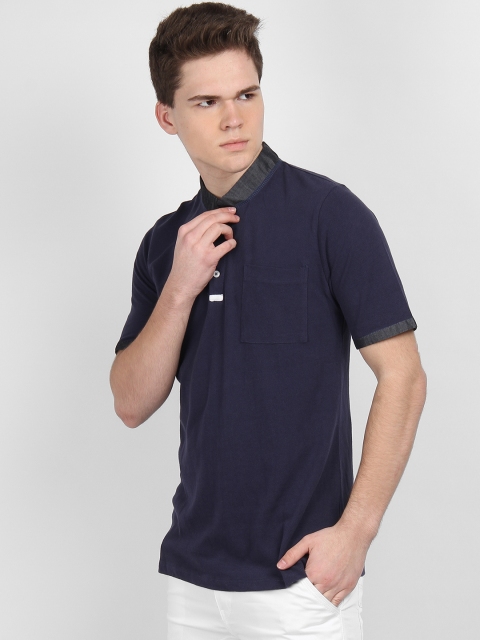 

LA LOFT Men Navy Blue Solid Mandarin Collar T-shirt