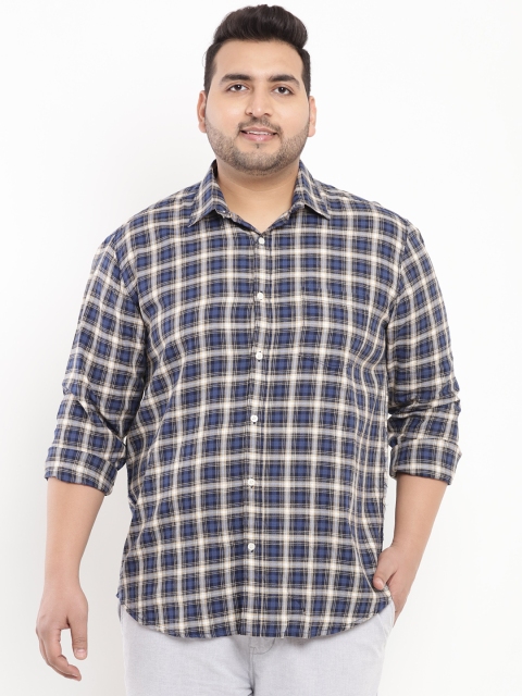 

John Pride Plus Size Men Navy Blue Regular Fit Checked Casual Shirt