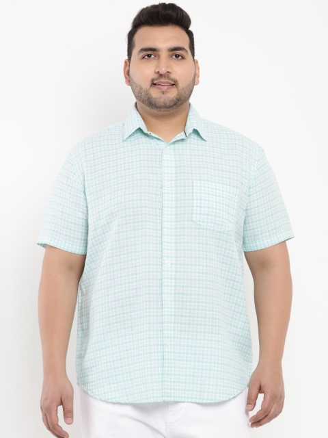 

John Pride Plus Size Men Sea Green Regular Fit Linen Checked Casual Shirt