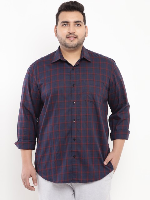 

John Pride Plus Size Men Navy Blue Regular Fit Checked Casual Shirt