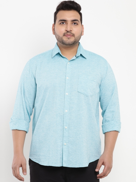 

John Pride Plus Size Men Turquoise Blue Regular Fit Self Design Linen Casual Shirt