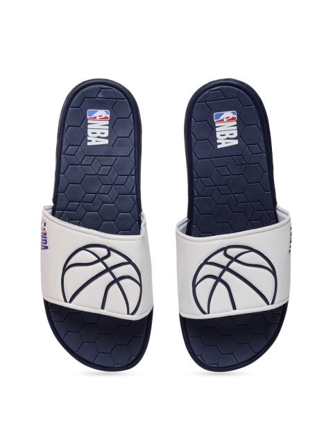 

NBA Men White & Navy Blue Printed Sliders