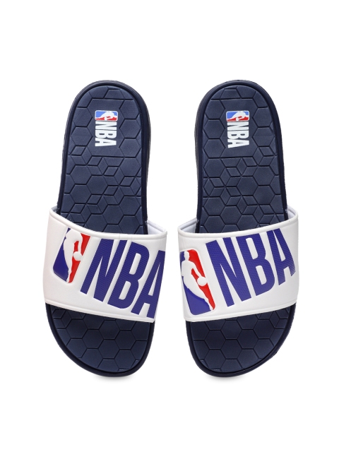 

NBA Men White & Navy Blue Printed Sliders