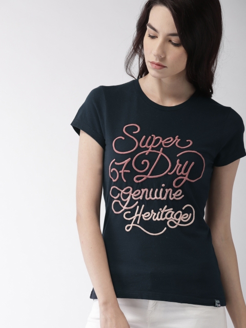 

Superdry Women Navy Blue Self Design Round Neck T-shirt