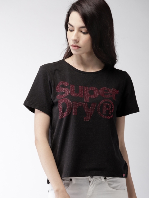 

Superdry Women Black Self Design Round Neck T-shirt