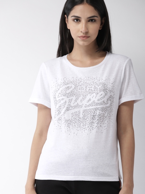 

Superdry Women White Self-Design Round Neck T-shirt