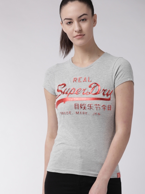 

Superdry Women Grey Melange & Red Printed Round Neck T-shirt