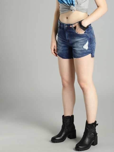 

Roadster Women Blue Washed Regular Fit Distressed Denim Shorts