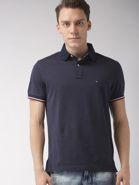 

Tommy Hilfiger Men Navy Blue Self Design Polo Collar T-shirt